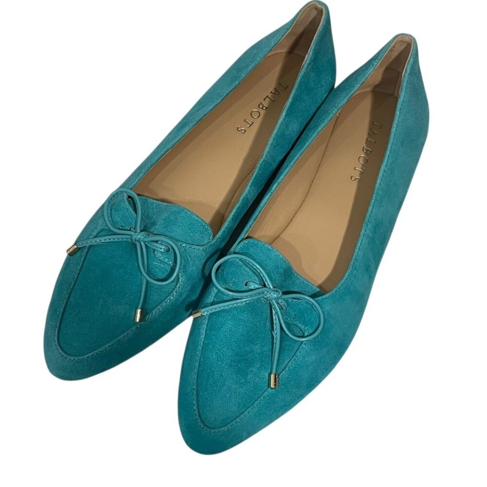 Talbots Francesca Turquoise Suede Loafers Ballet Flats Front Bow Point Toe Sz 8